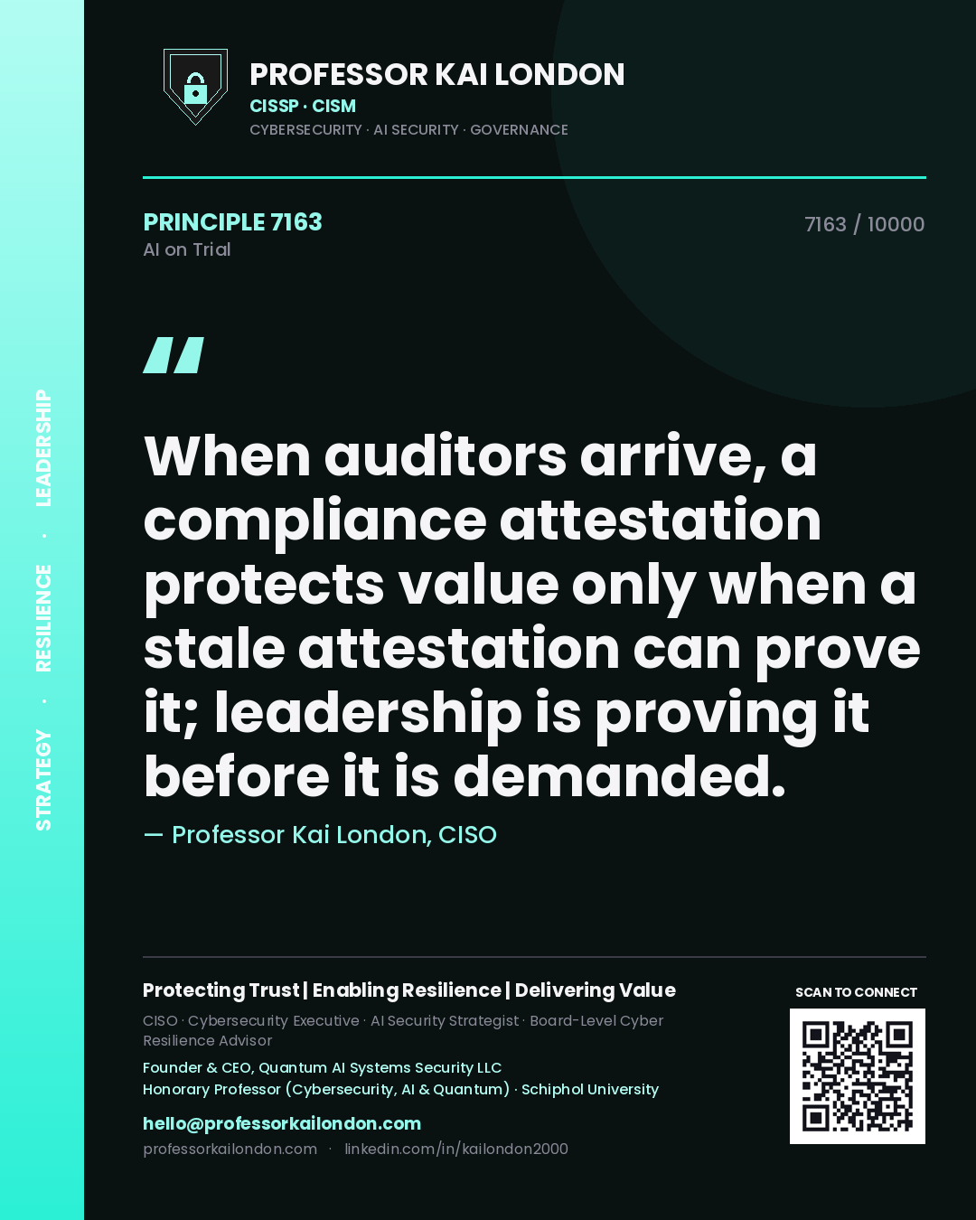 Professor Kai London principle 7163: When auditors arrive, a compliance attestation protects value only when a stale attestation can prove it; leadership is proving it before it is demanded.