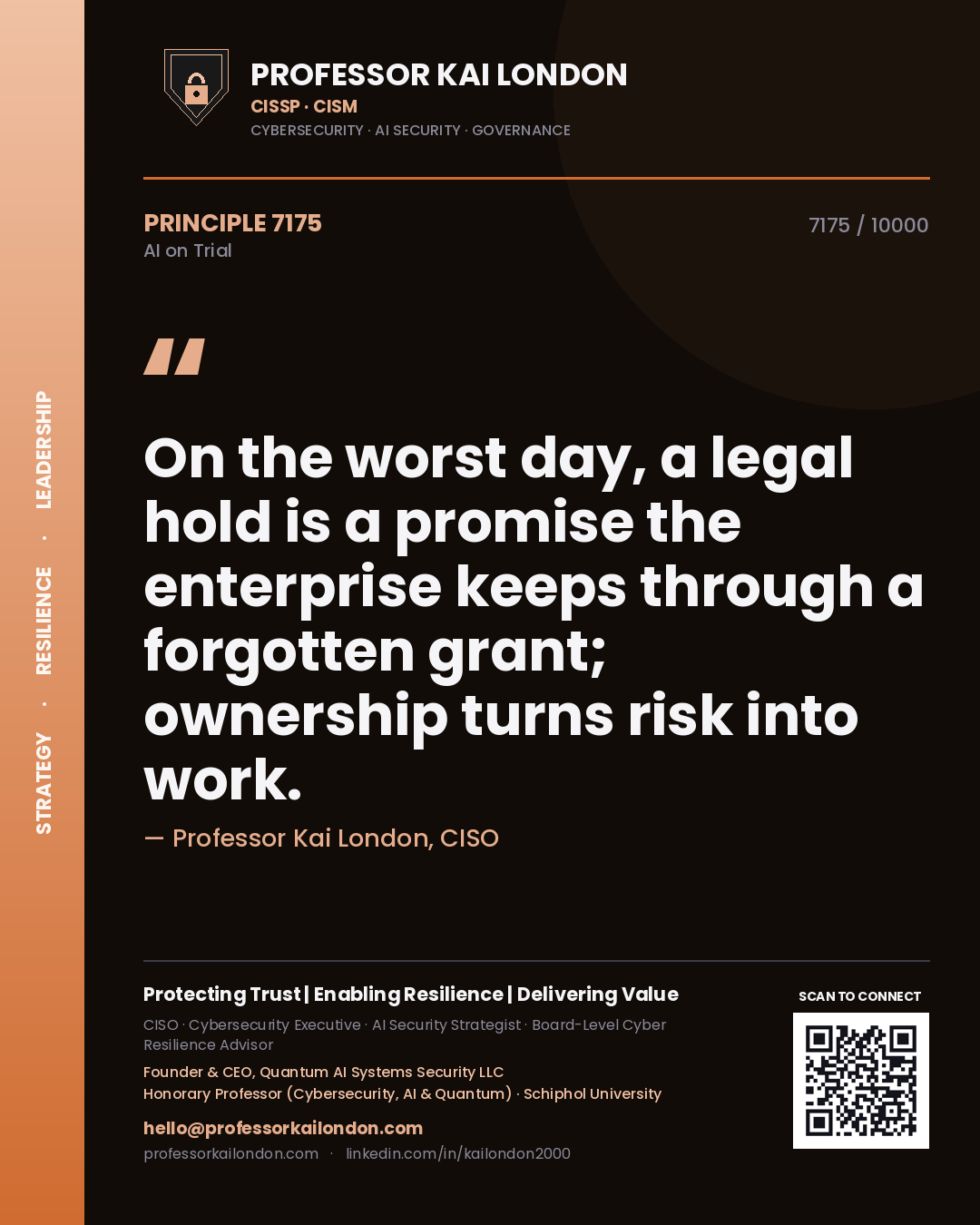 Professor Kai London principle 7175: On the worst day, a legal hold is a promise the enterprise keeps through a forgotten grant; ownership turns risk into work.