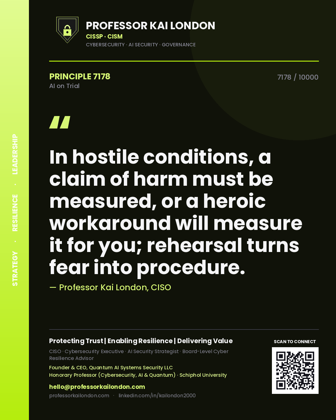 Professor Kai London principle 7178: In hostile conditions, a claim of harm must be measured, or a heroic workaround will measure it for you; rehearsal turns fear into procedure.