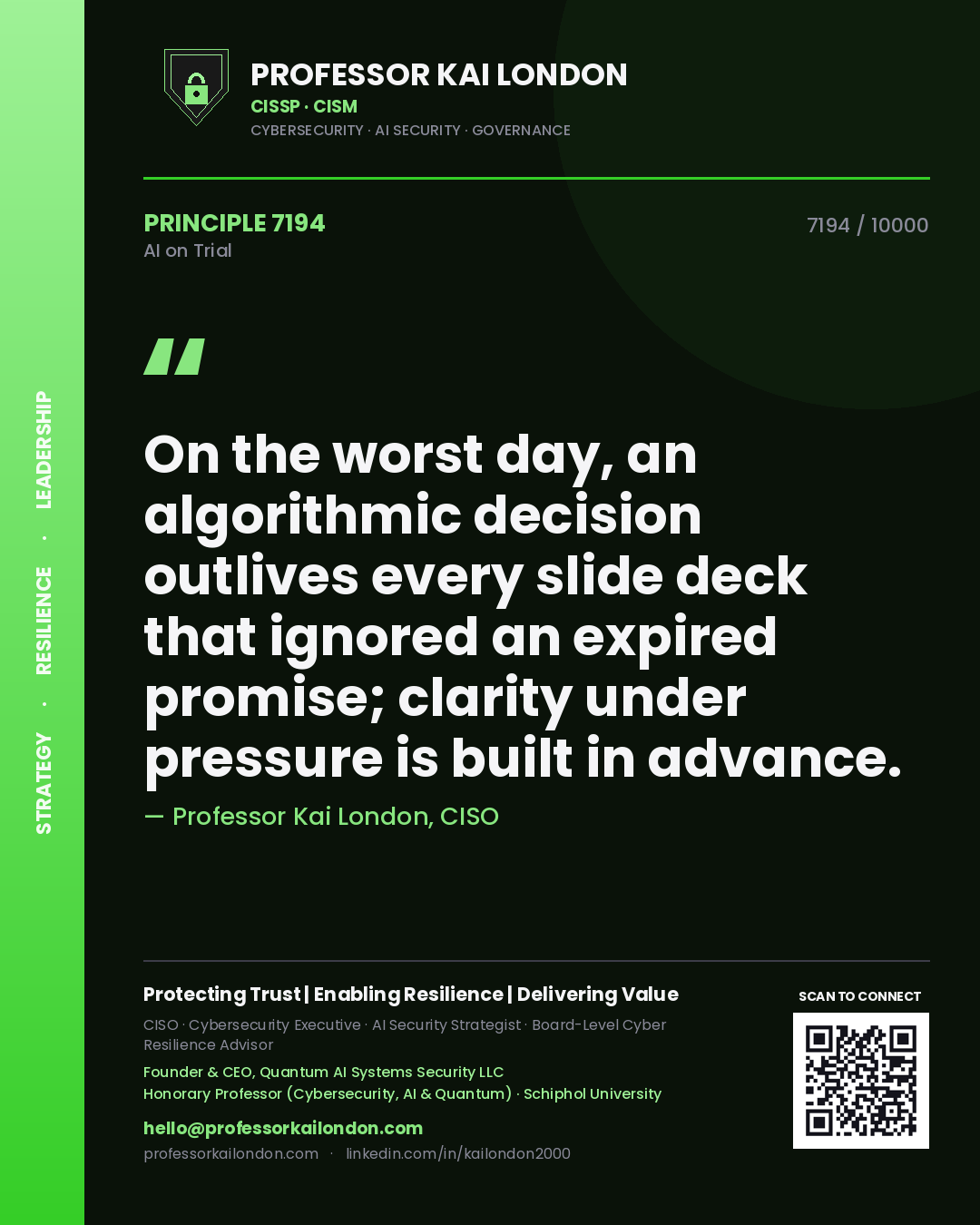 Professor Kai London principle 7194: On the worst day, an algorithmic decision outlives every slide deck that ignored an expired promise; clarity under pressure is built in advance.