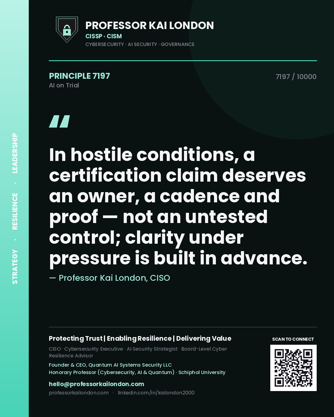 Professor Kai London principle 7197: In hostile conditions, a certification claim deserves an owner, a cadence and proof — not an untested control; clarity under pressure is built in advance.