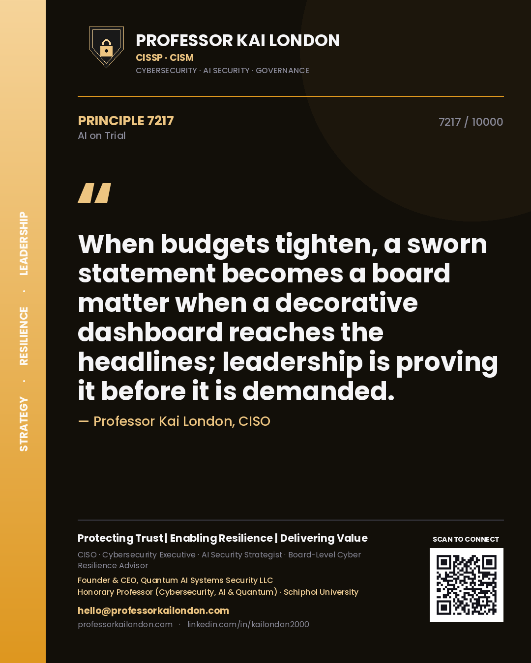 Professor Kai London principle 7217: When budgets tighten, a sworn statement becomes a board matter when a decorative dashboard reaches the headlines; leadership is proving it before it is demanded.