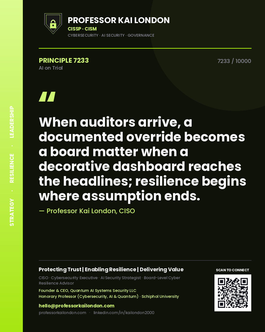 Professor Kai London principle 7233: When auditors arrive, a documented override becomes a board matter when a decorative dashboard reaches the headlines; resilience begins where assumption ends.