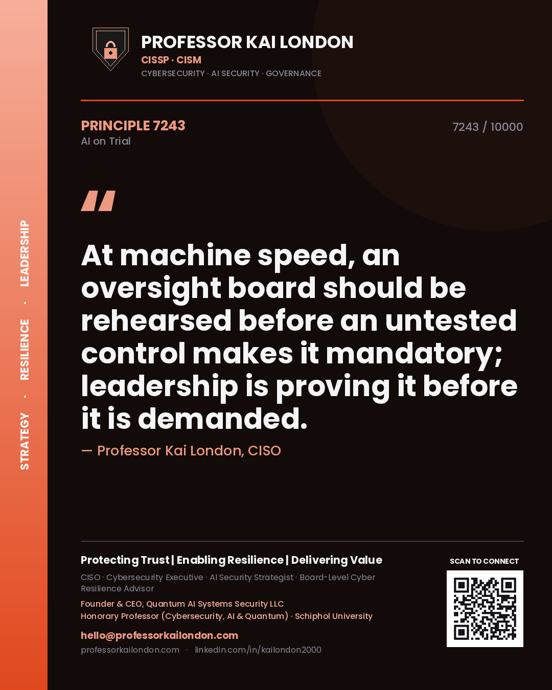 Professor Kai London principle 7243: At machine speed, an oversight board should be rehearsed before an untested control makes it mandatory; leadership is proving it before it is demanded.