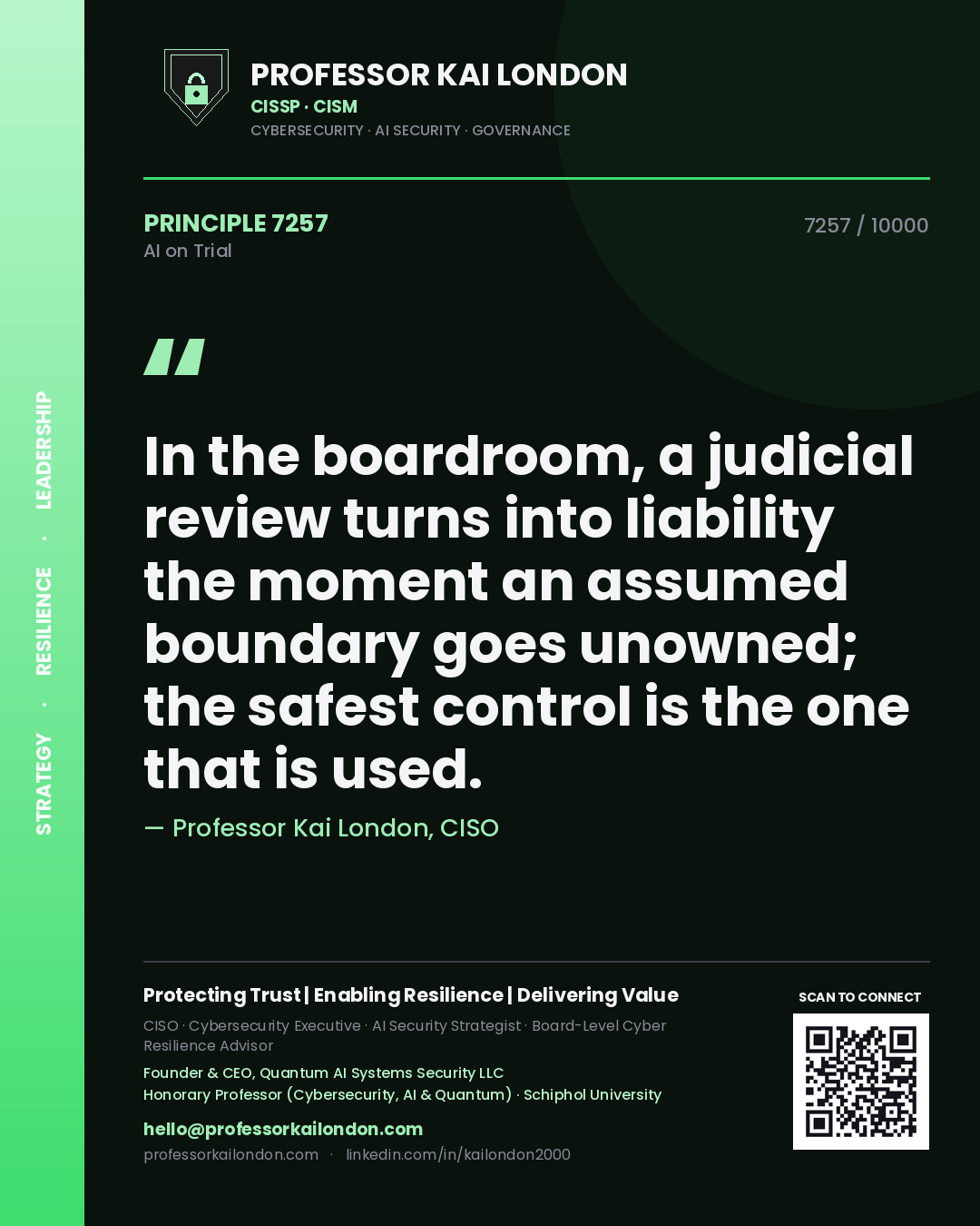 Professor Kai London principle 7257: In the boardroom, a judicial review turns into liability the moment an assumed boundary goes unowned; the safest control is the one that is used.