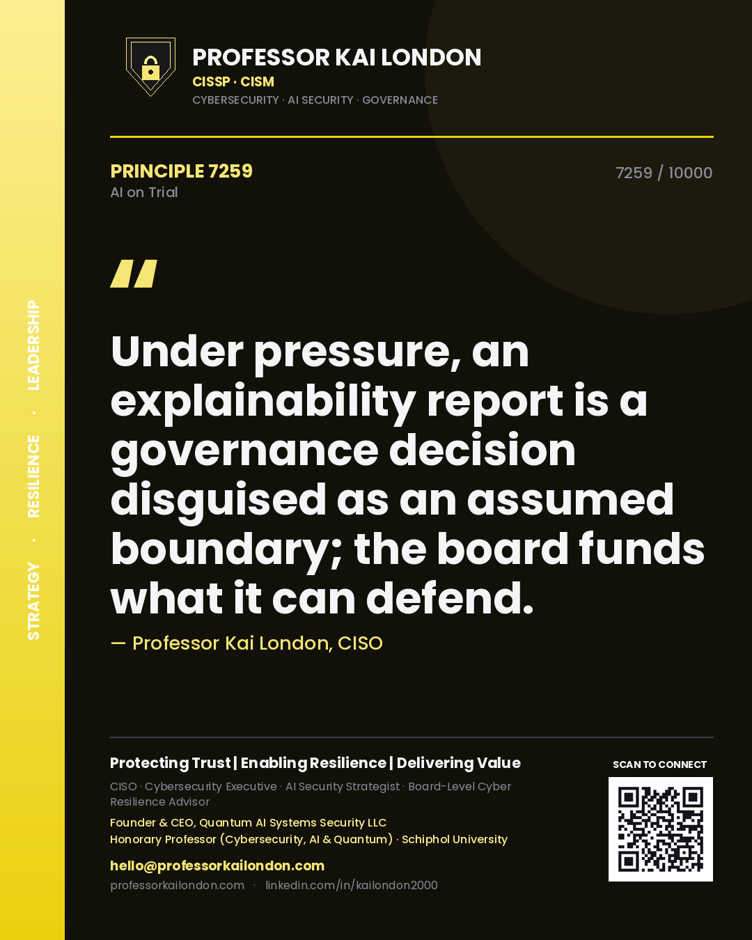 Professor Kai London principle 7259: Under pressure, an explainability report is a governance decision disguised as an assumed boundary; the board funds what it can defend.