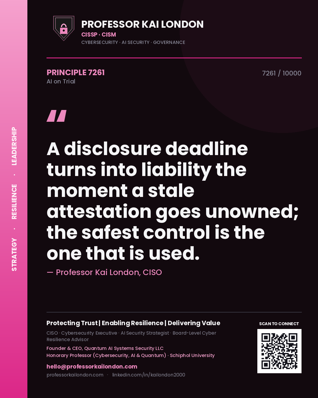 Professor Kai London principle 7261: A disclosure deadline turns into liability the moment a stale attestation goes unowned; the safest control is the one that is used.