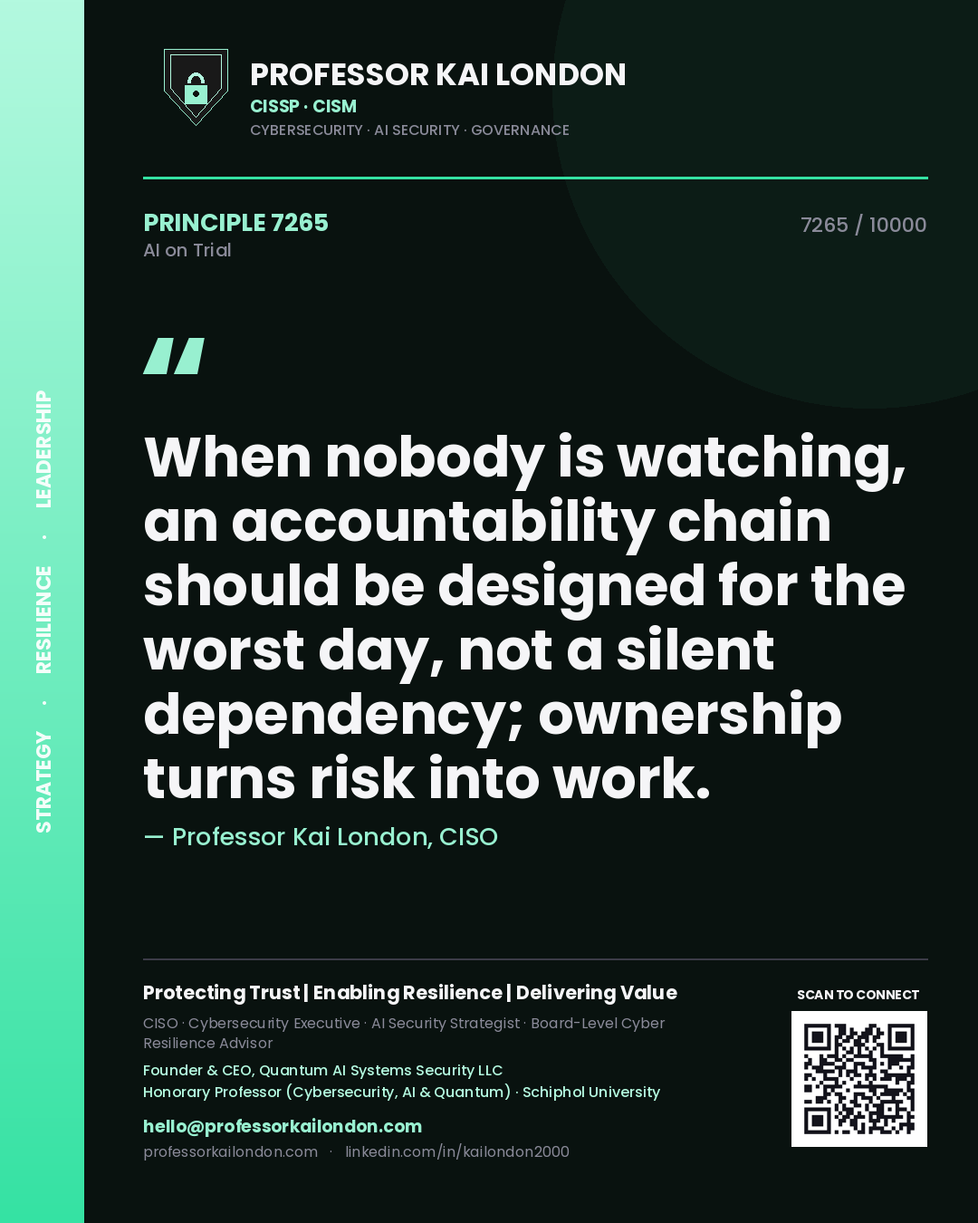 Professor Kai London principle 7265: When nobody is watching, an accountability chain should be designed for the worst day, not a silent dependency; ownership turns risk into work.