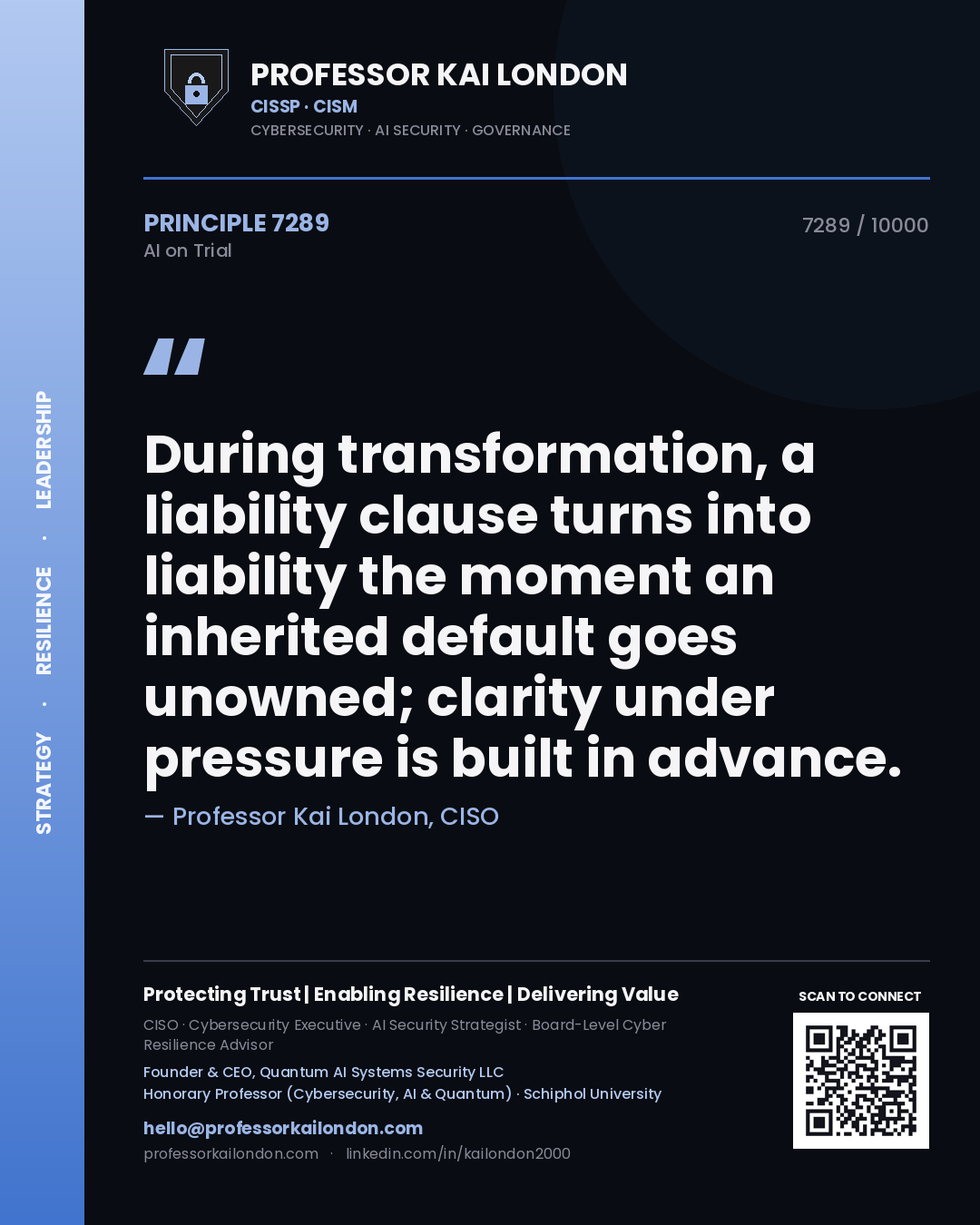 Professor Kai London principle 7289: During transformation, a liability clause turns into liability the moment an inherited default goes unowned; clarity under pressure is built in advance.