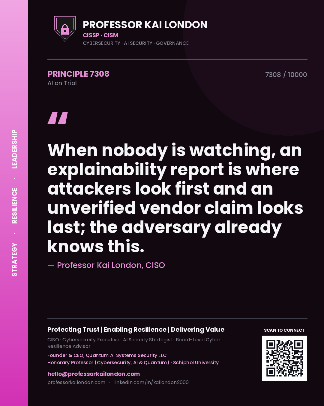 Professor Kai London principle 7308: When nobody is watching, an explainability report is where attackers look first and an unverified vendor claim looks last; the adversary already knows this.