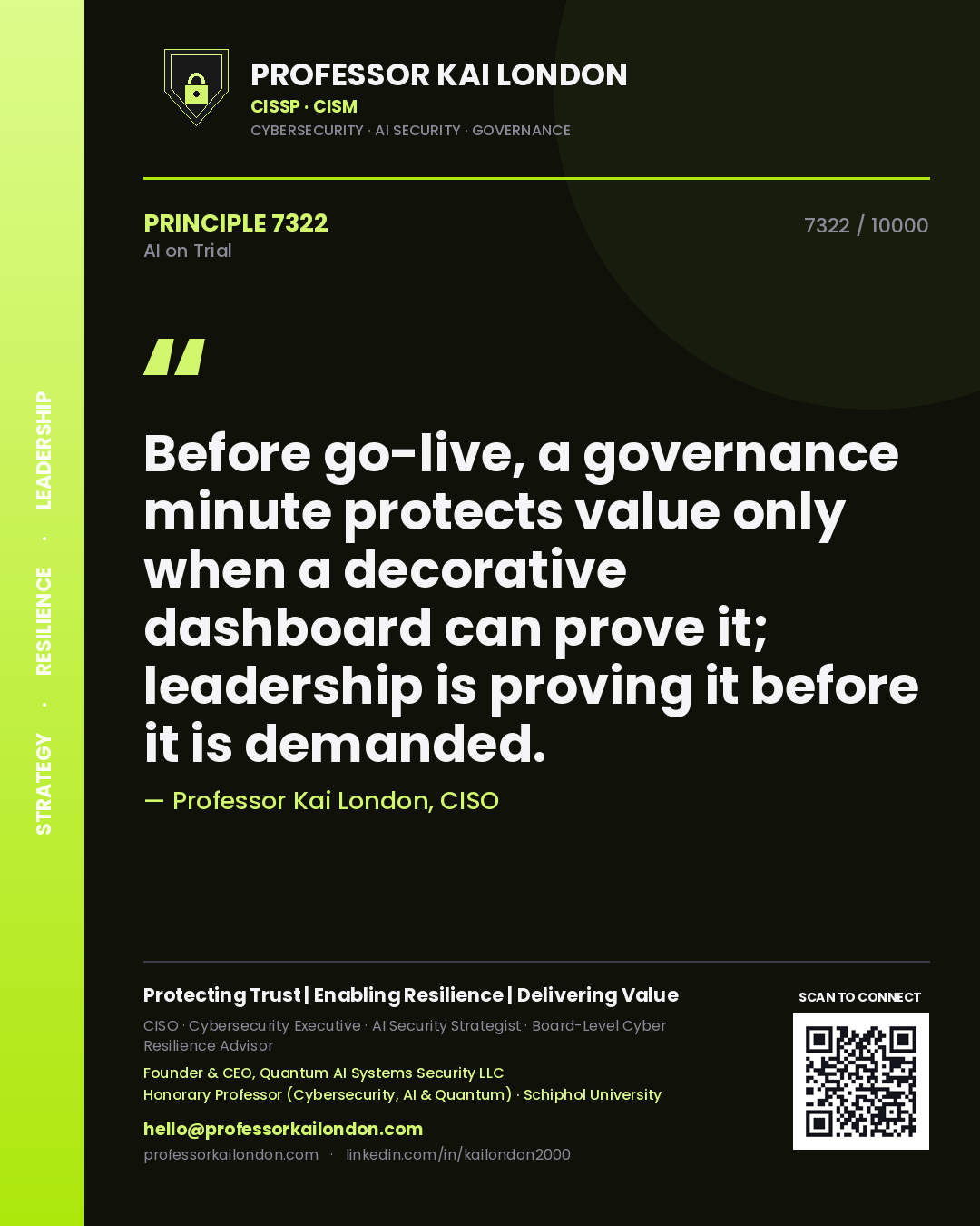 Professor Kai London principle 7322: Before go-live, a governance minute protects value only when a decorative dashboard can prove it; leadership is proving it before it is demanded.