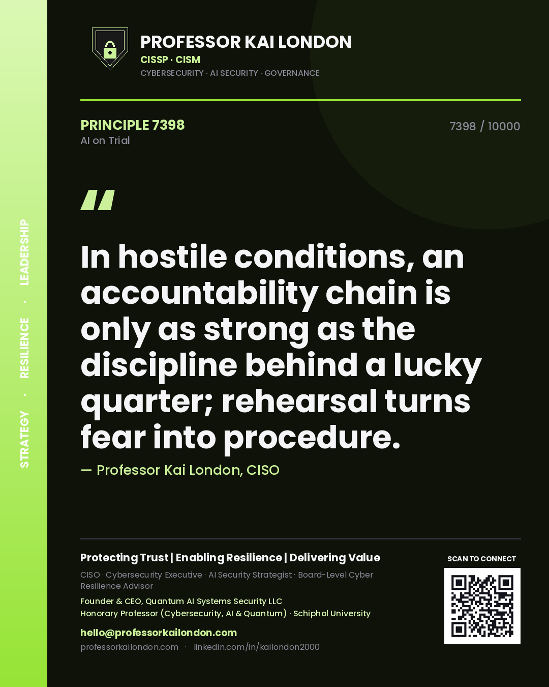 Professor Kai London principle 7398: In hostile conditions, an accountability chain is only as strong as the discipline behind a lucky quarter; rehearsal turns fear into procedure.
