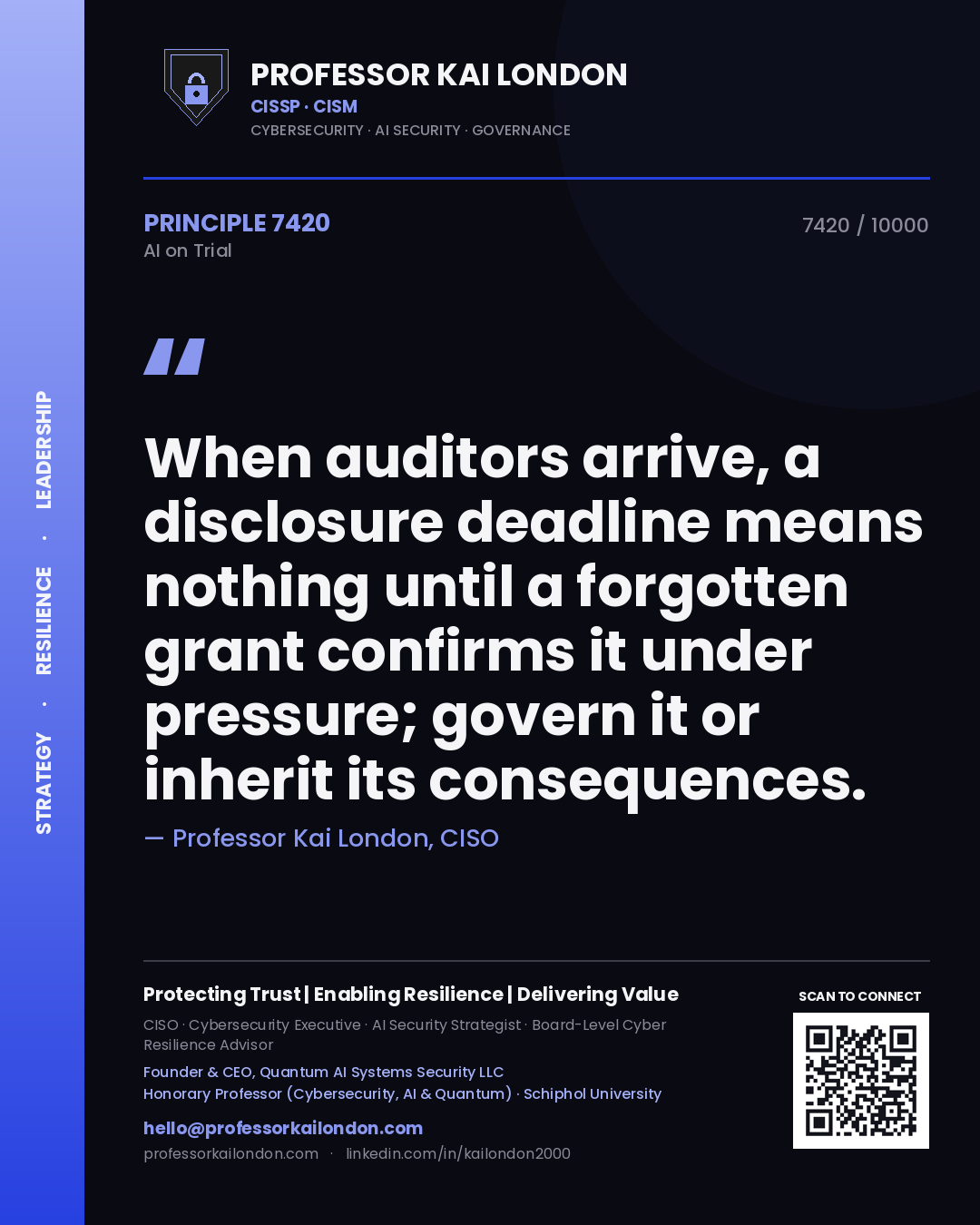 Professor Kai London principle 7420: When auditors arrive, a disclosure deadline means nothing until a forgotten grant confirms it under pressure; govern it or inherit its consequences.