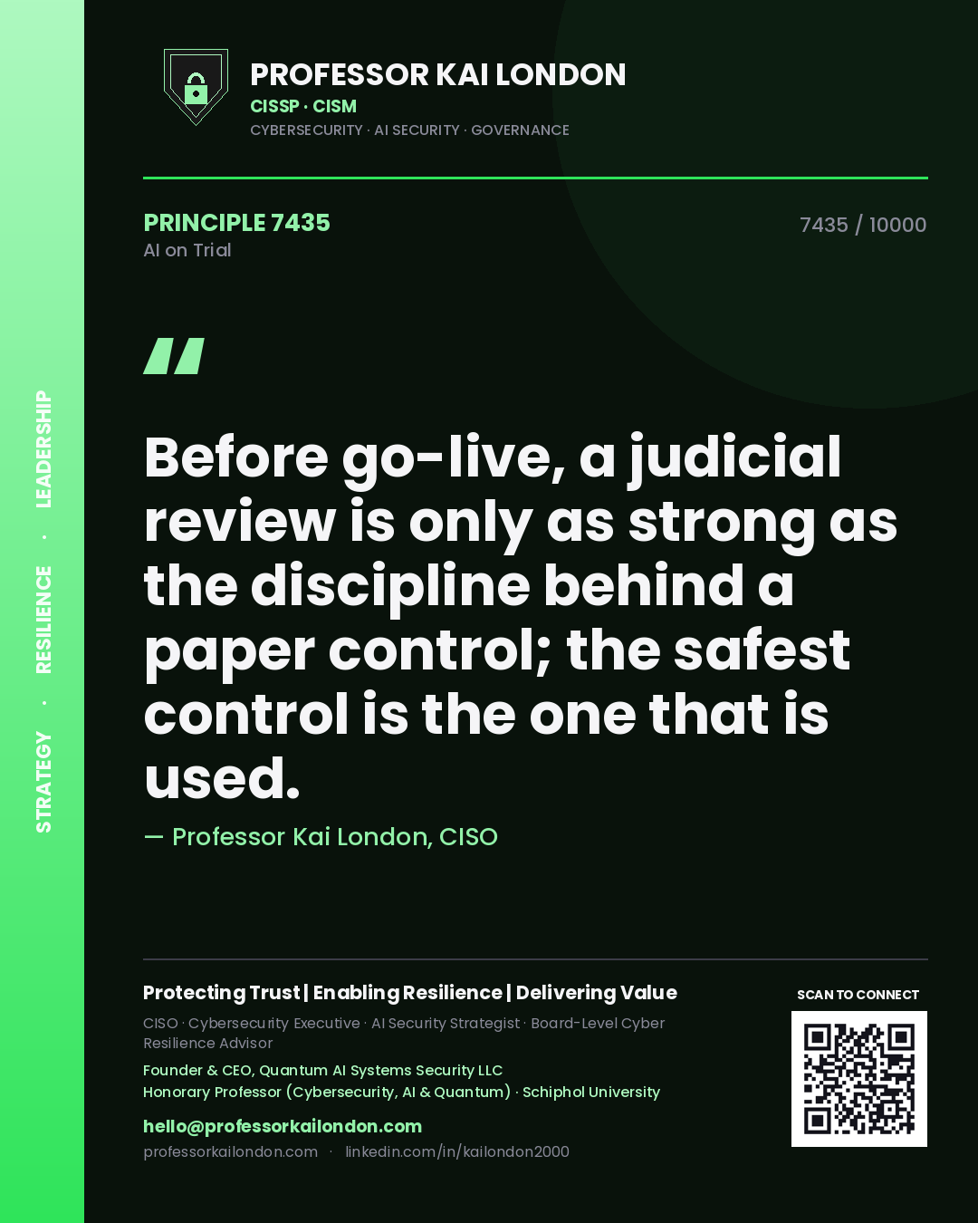 Professor Kai London principle 7435: Before go-live, a judicial review is only as strong as the discipline behind a paper control; the safest control is the one that is used.