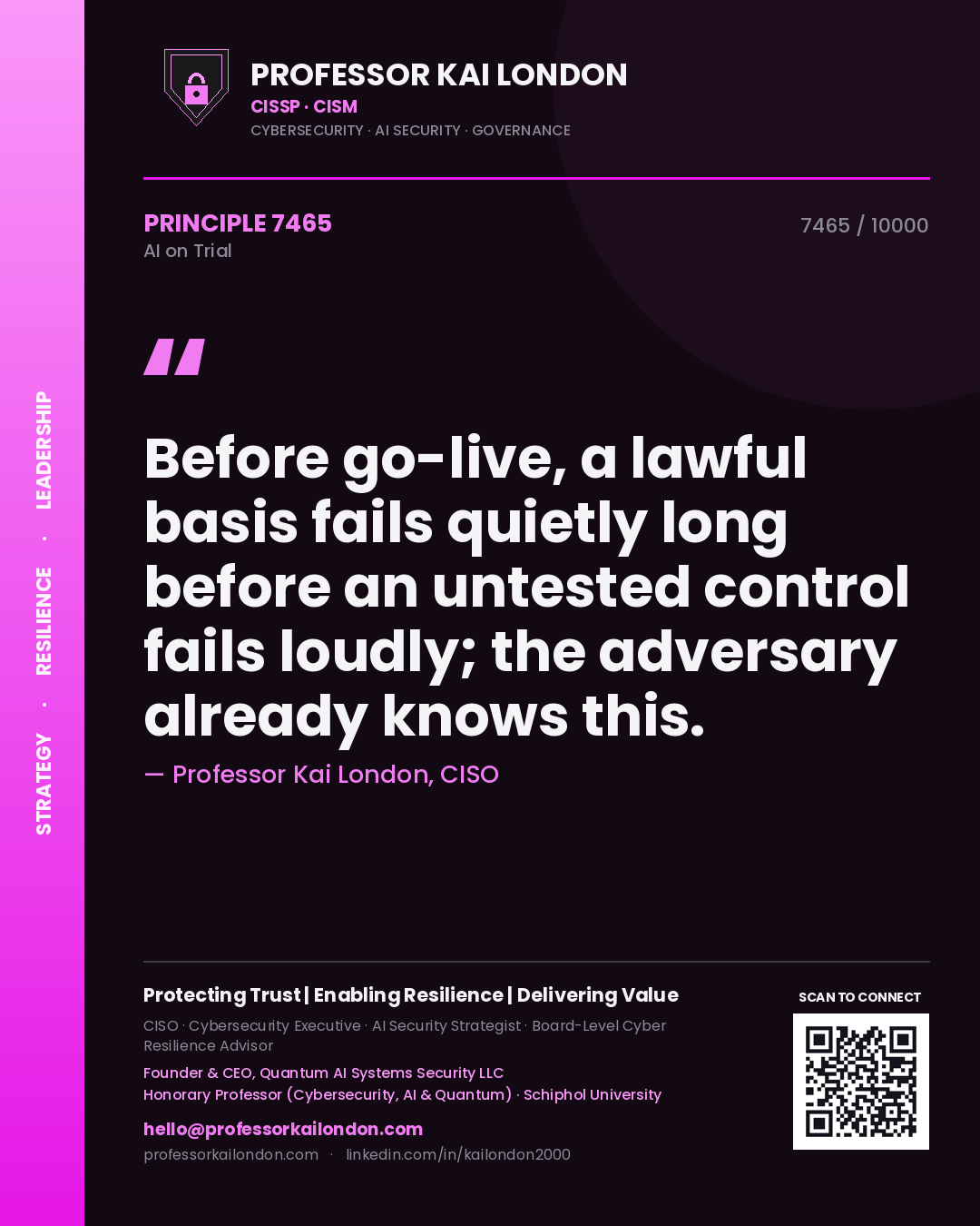 Professor Kai London principle 7465: Before go-live, a lawful basis fails quietly long before an untested control fails loudly; the adversary already knows this.