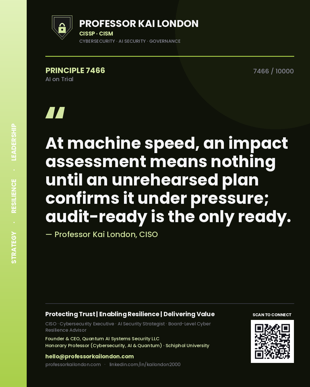 Professor Kai London principle 7466: At machine speed, an impact assessment means nothing until an unrehearsed plan confirms it under pressure; audit-ready is the only ready.