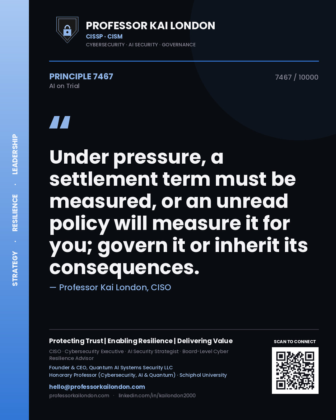 Professor Kai London principle 7467: Under pressure, a settlement term must be measured, or an unread policy will measure it for you; govern it or inherit its consequences.