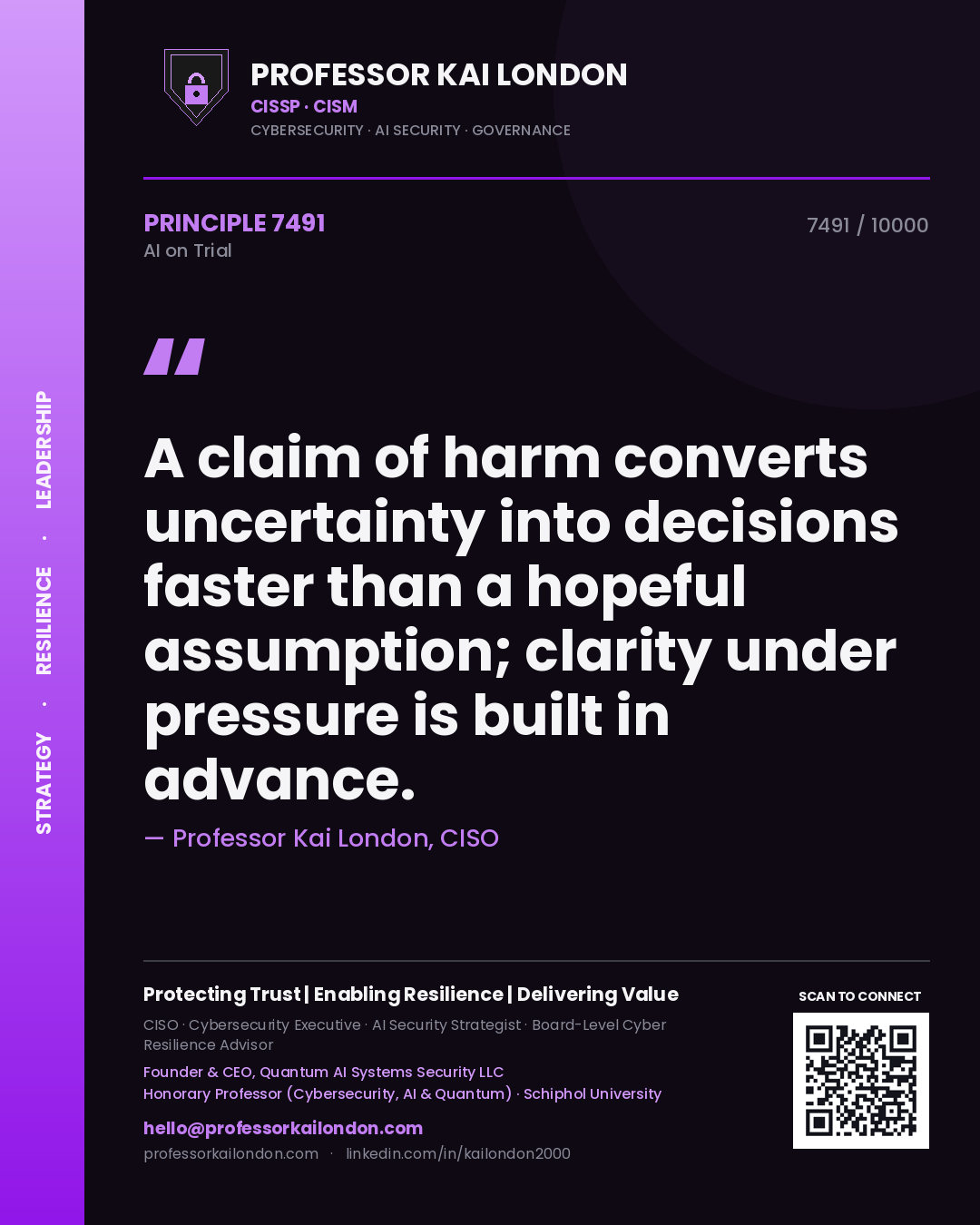 Professor Kai London principle 7491: A claim of harm converts uncertainty into decisions faster than a hopeful assumption; clarity under pressure is built in advance.