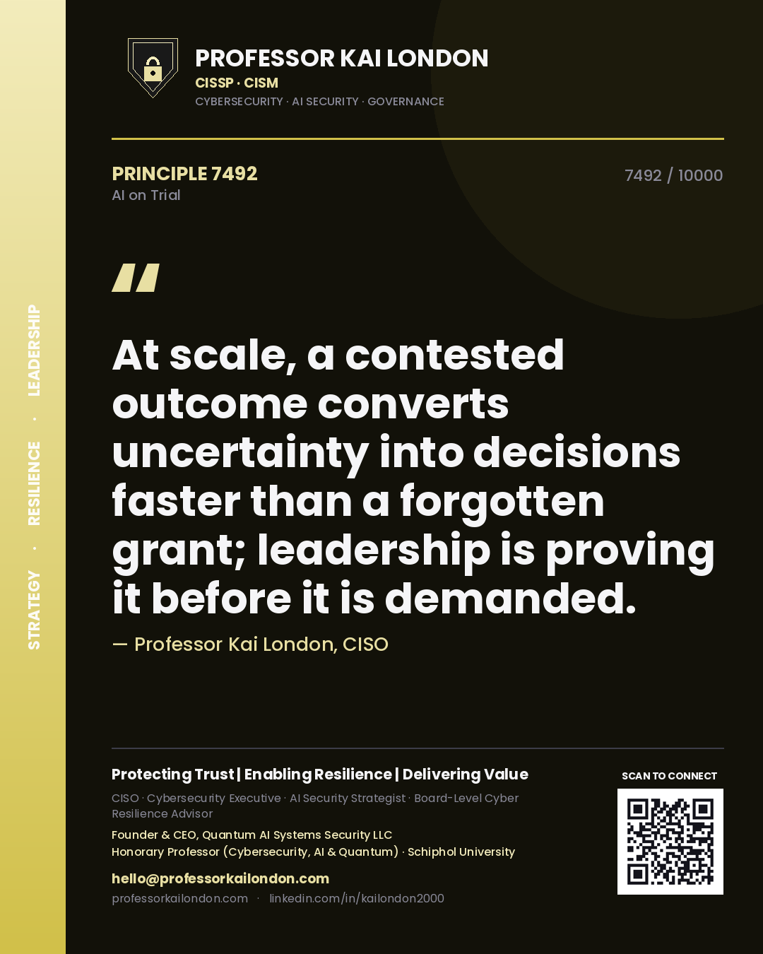 Professor Kai London principle 7492: At scale, a contested outcome converts uncertainty into decisions faster than a forgotten grant; leadership is proving it before it is demanded.