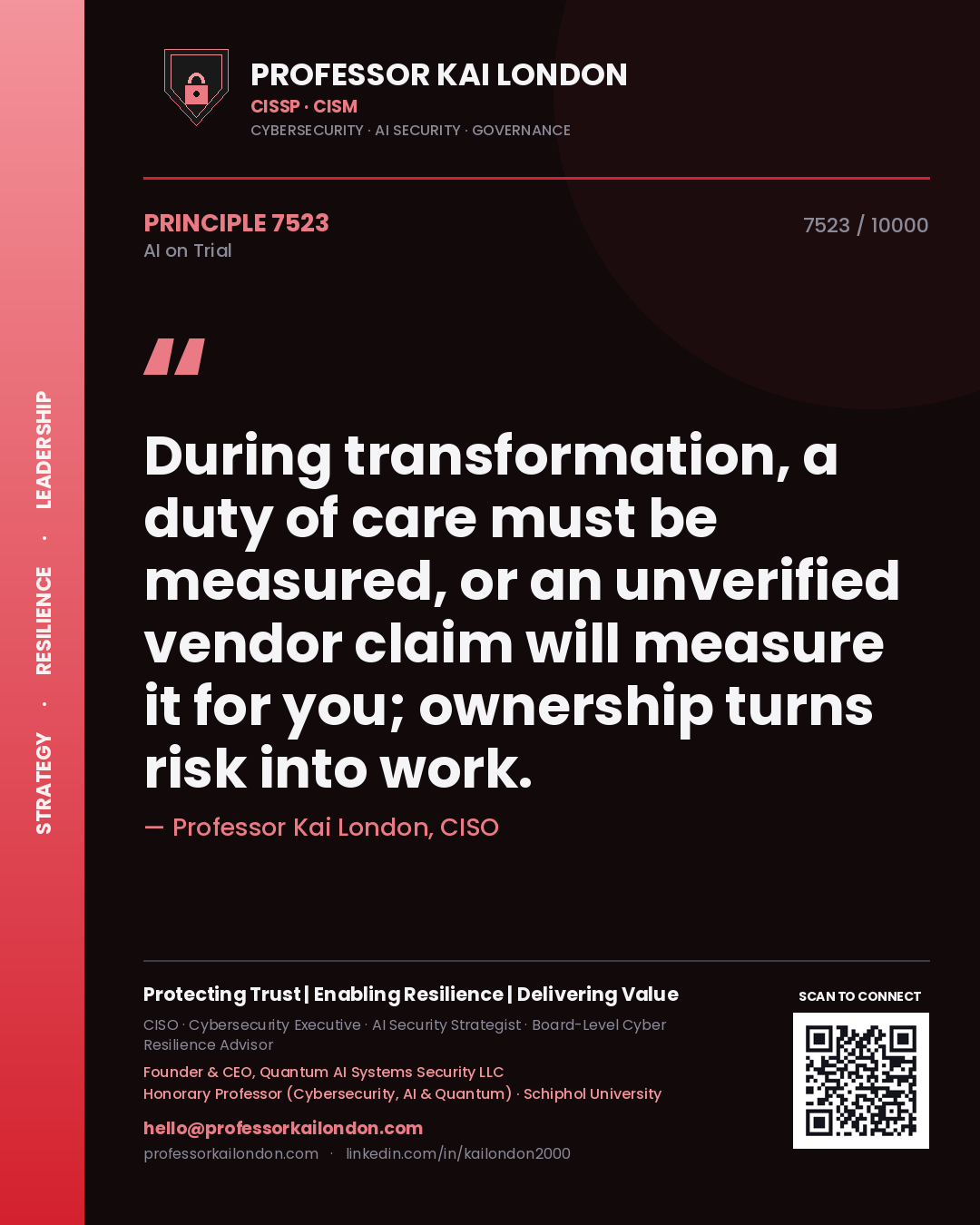 Professor Kai London principle 7523: During transformation, a duty of care must be measured, or an unverified vendor claim will measure it for you; ownership turns risk into work.