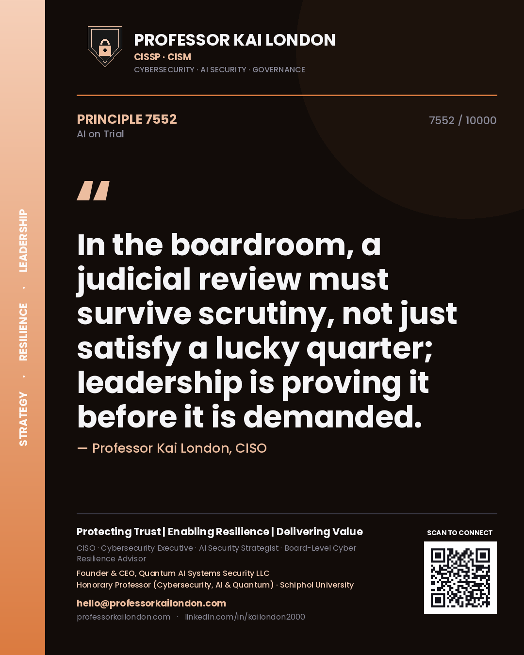 Professor Kai London principle 7552: In the boardroom, a judicial review must survive scrutiny, not just satisfy a lucky quarter; leadership is proving it before it is demanded.