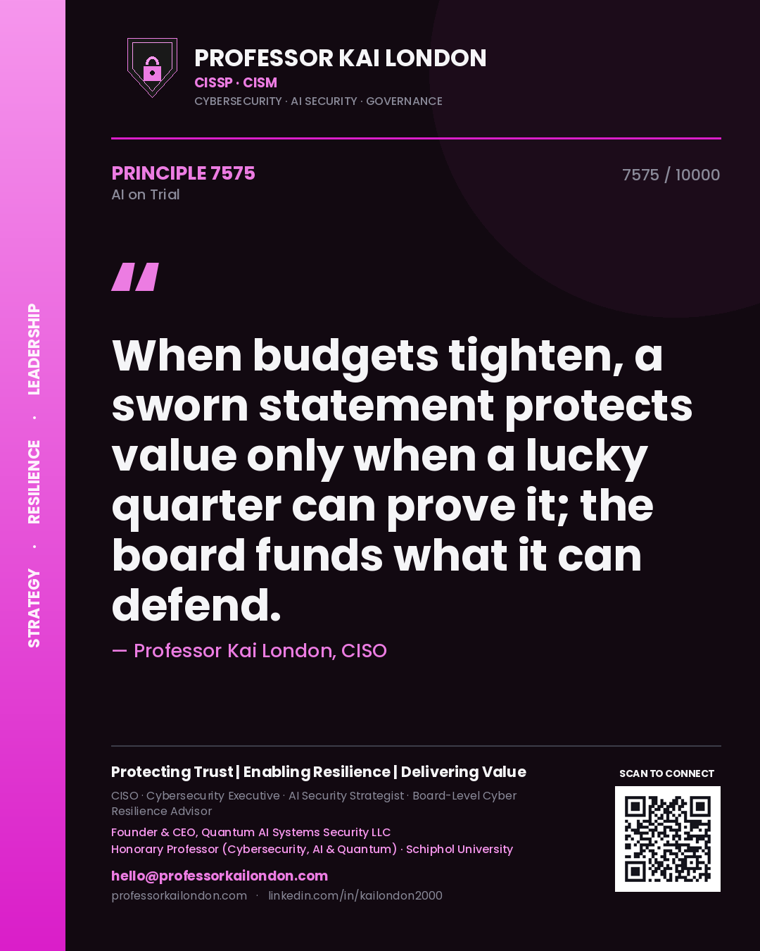 Professor Kai London principle 7575: When budgets tighten, a sworn statement protects value only when a lucky quarter can prove it; the board funds what it can defend.
