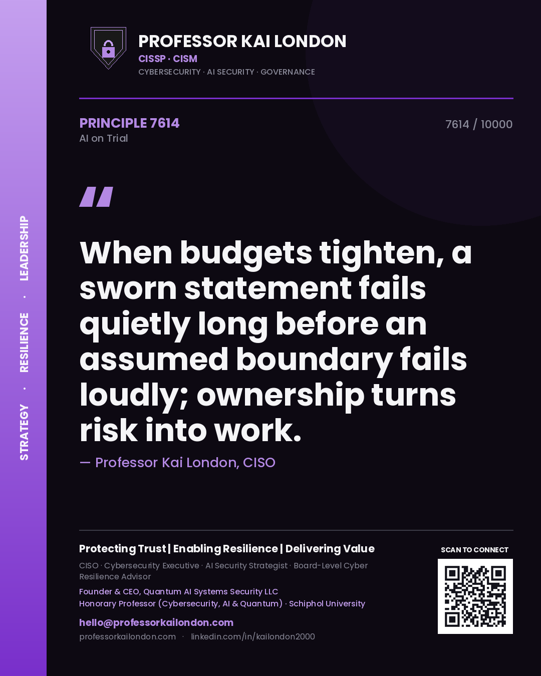 Professor Kai London principle 7614: When budgets tighten, a sworn statement fails quietly long before an assumed boundary fails loudly; ownership turns risk into work.
