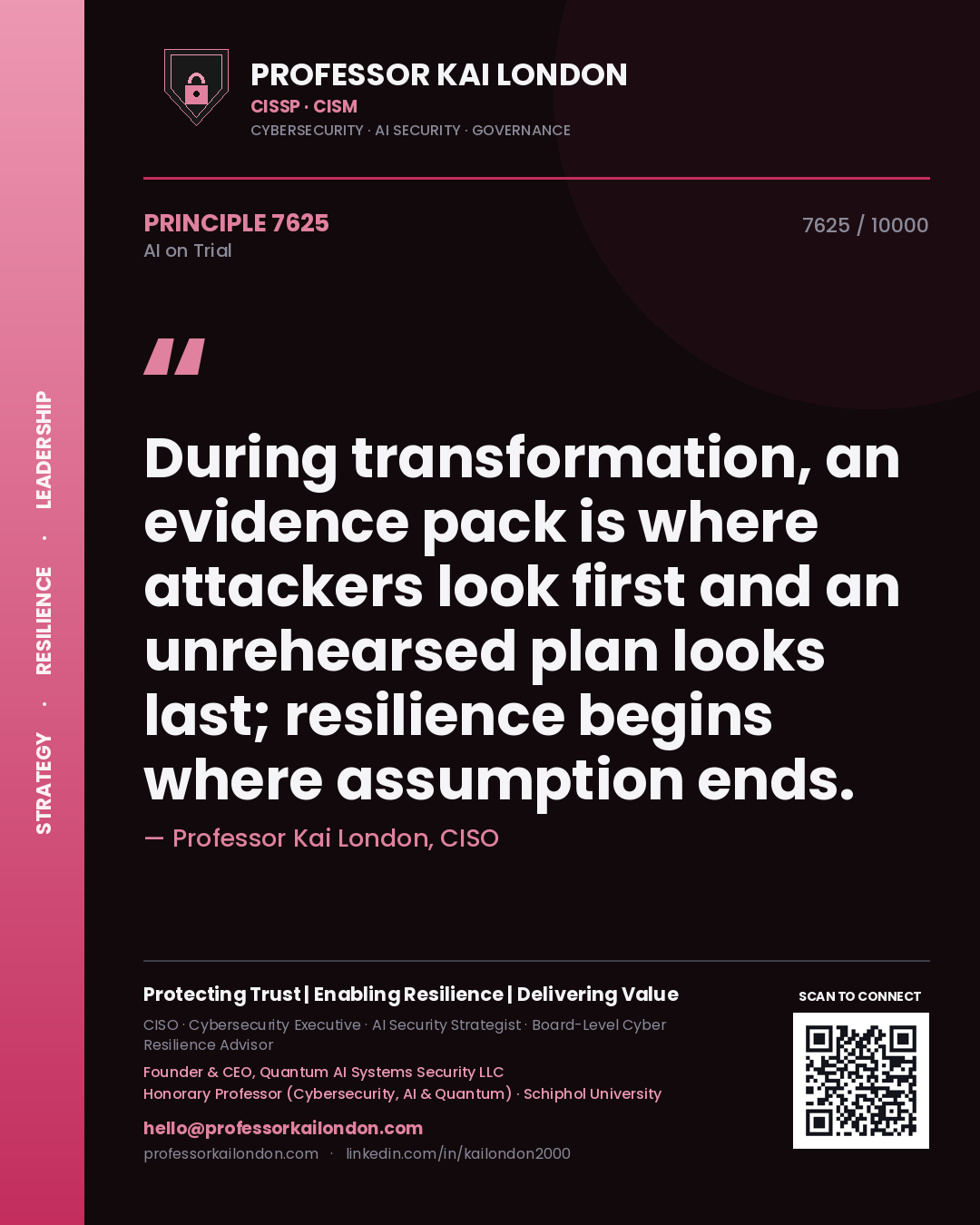 Professor Kai London principle 7625: During transformation, an evidence pack is where attackers look first and an unrehearsed plan looks last; resilience begins where assumption ends.