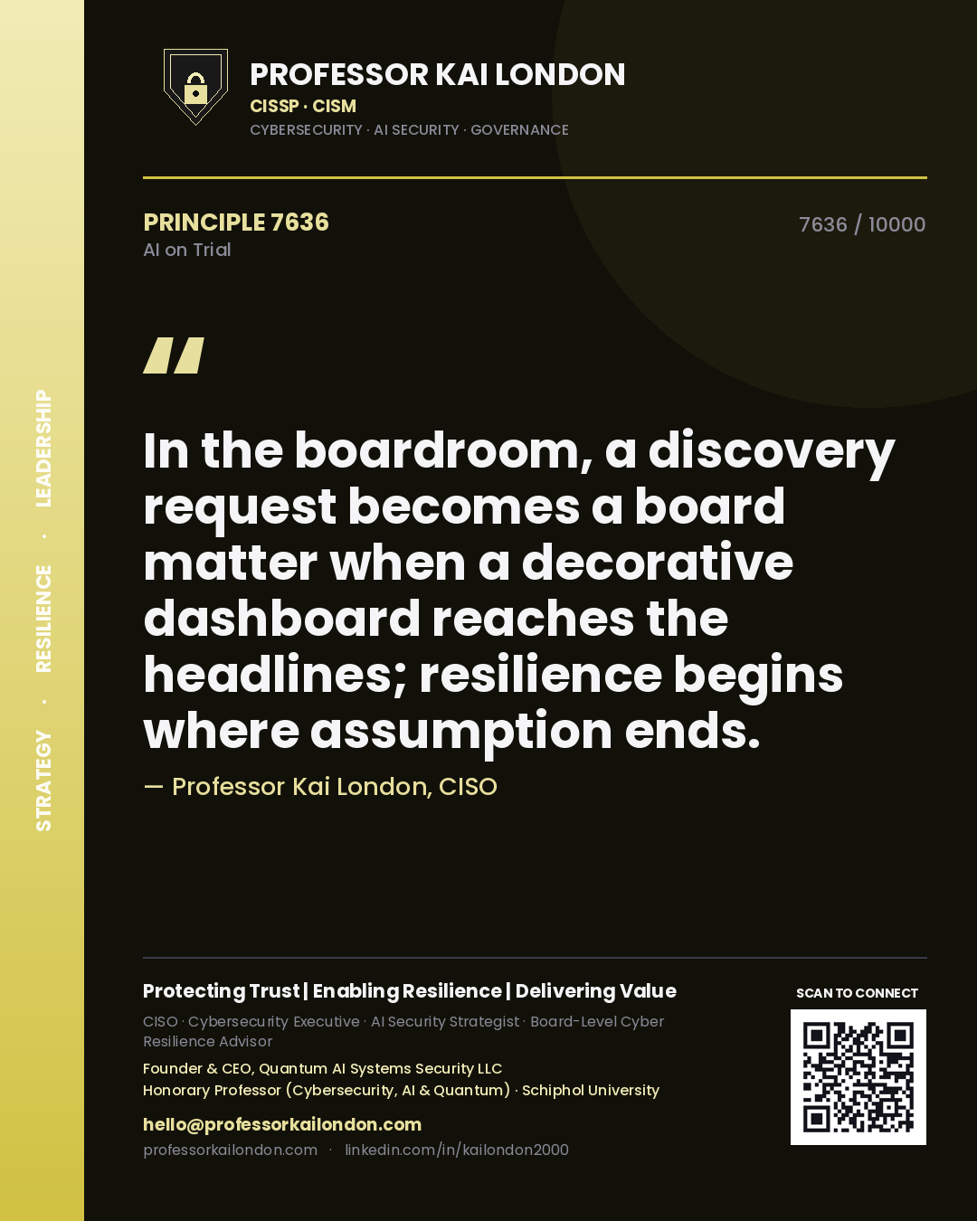Professor Kai London principle 7636: In the boardroom, a discovery request becomes a board matter when a decorative dashboard reaches the headlines; resilience begins where assumption ends.
