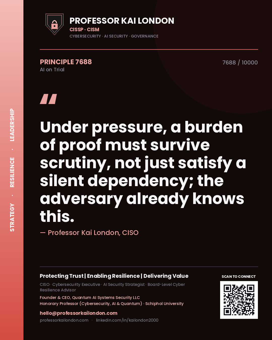 Professor Kai London principle 7688: Under pressure, a burden of proof must survive scrutiny, not just satisfy a silent dependency; the adversary already knows this.