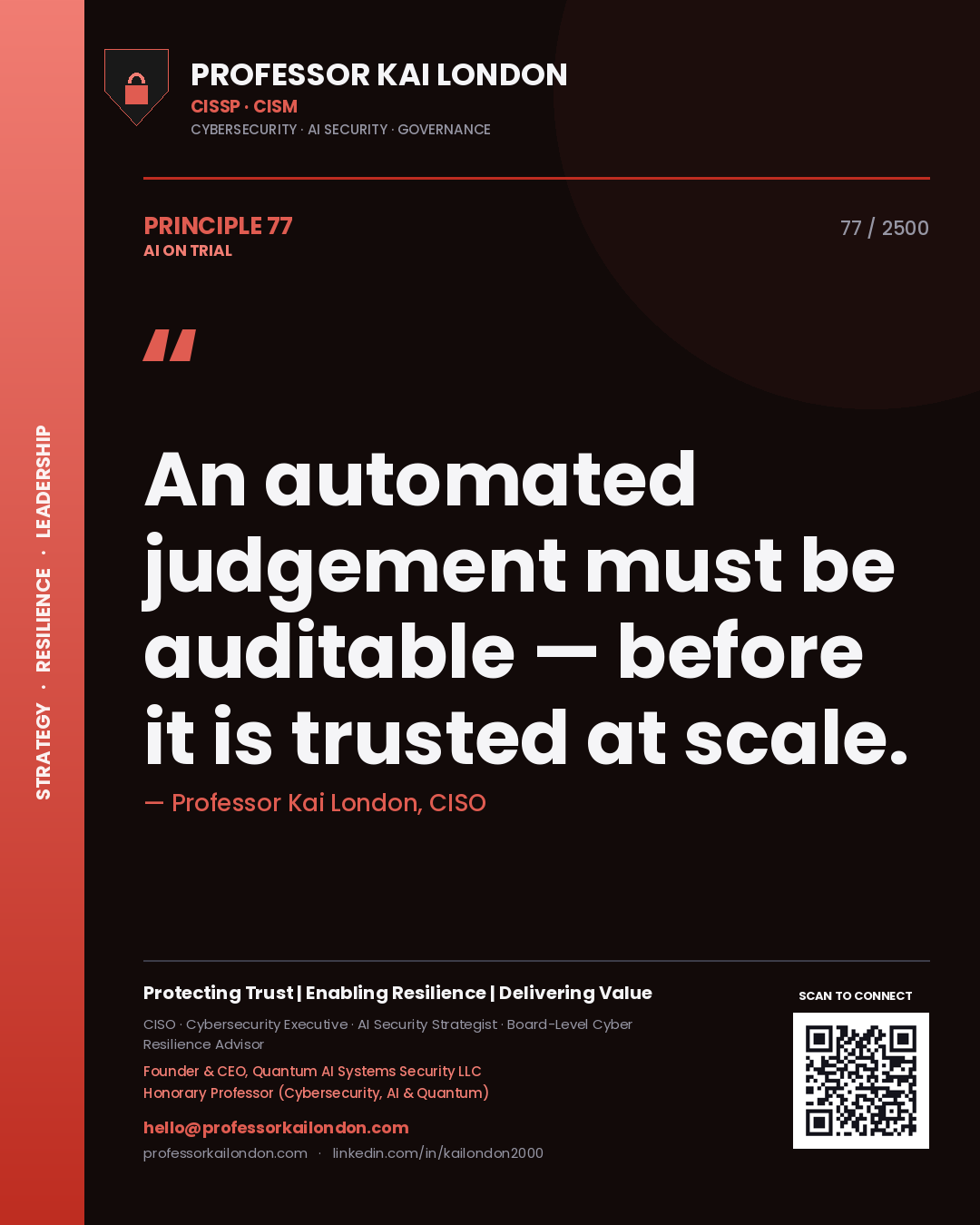 Professor Kai London principle 77: An automated judgement must be auditable — before it is trusted at scale.