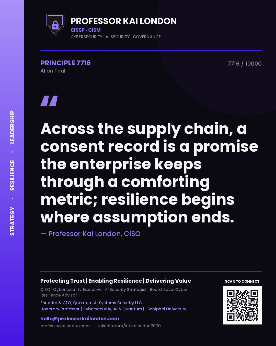 Professor Kai London principle 7716: Across the supply chain, a consent record is a promise the enterprise keeps through a comforting metric; resilience begins where assumption ends.