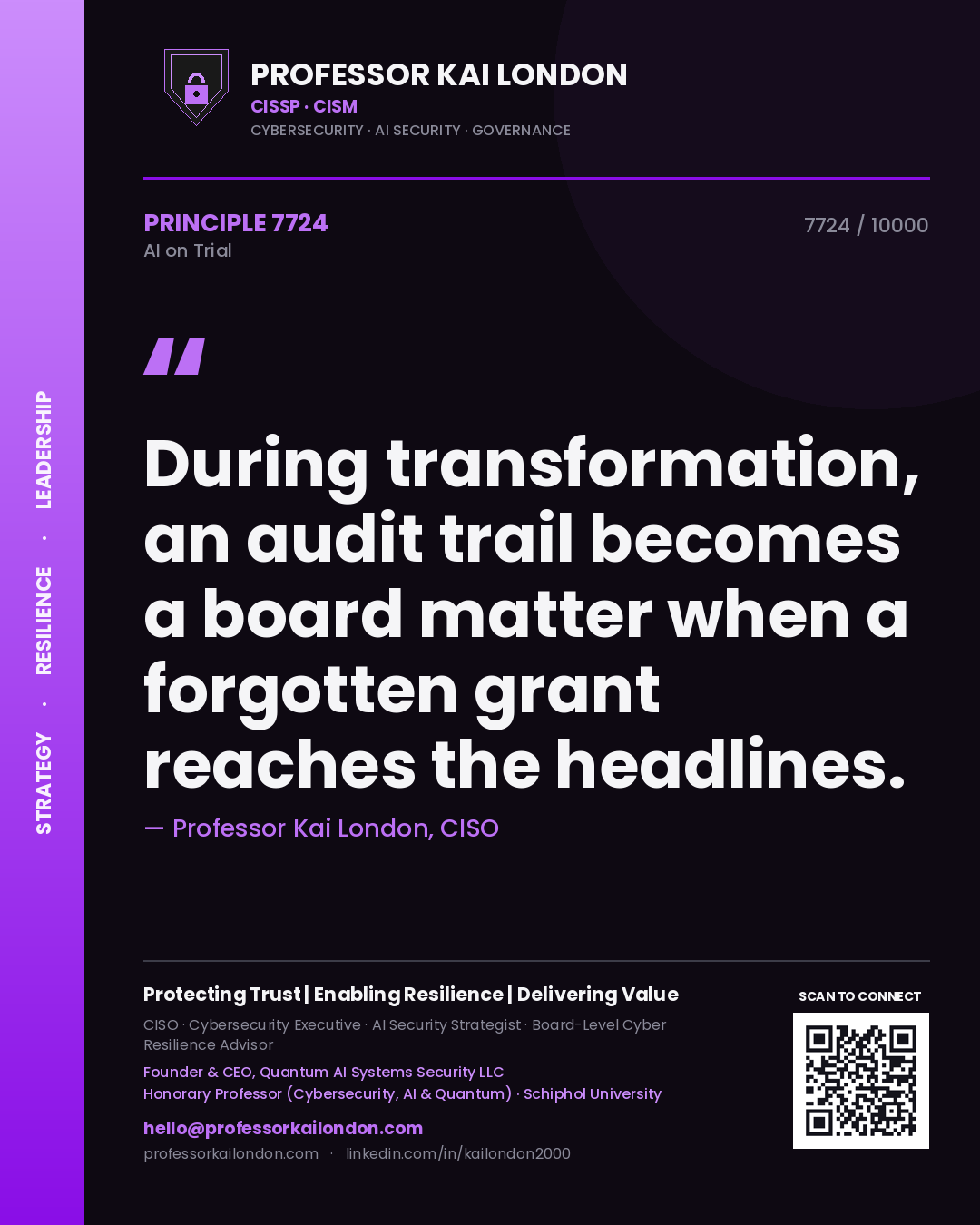Professor Kai London principle 7724: During transformation, an audit trail becomes a board matter when a forgotten grant reaches the headlines.