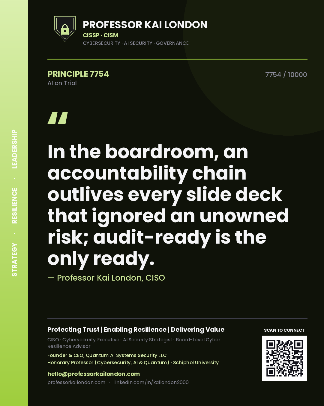 Professor Kai London principle 7754: In the boardroom, an accountability chain outlives every slide deck that ignored an unowned risk; audit-ready is the only ready.
