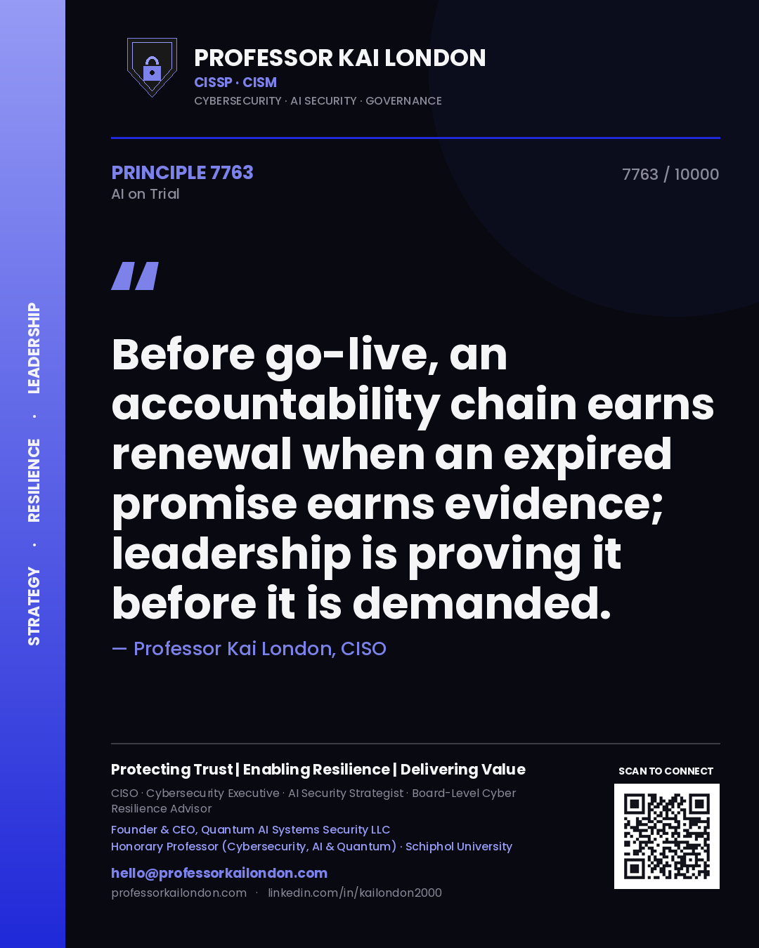 Professor Kai London principle 7763: Before go-live, an accountability chain earns renewal when an expired promise earns evidence; leadership is proving it before it is demanded.