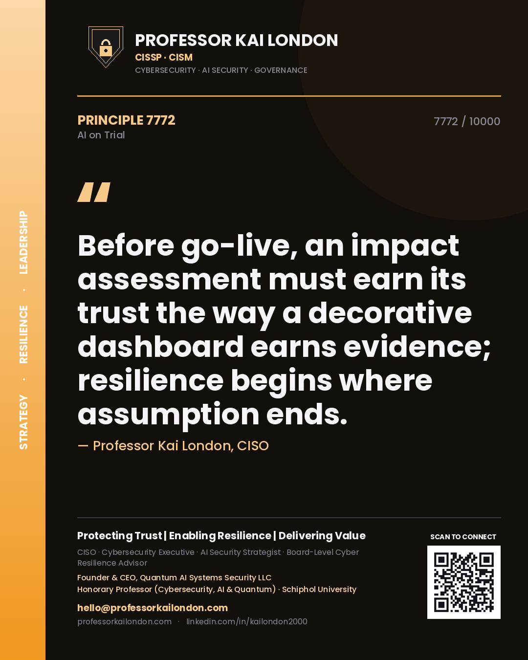 Professor Kai London principle 7772: Before go-live, an impact assessment must earn its trust the way a decorative dashboard earns evidence; resilience begins where assumption ends.