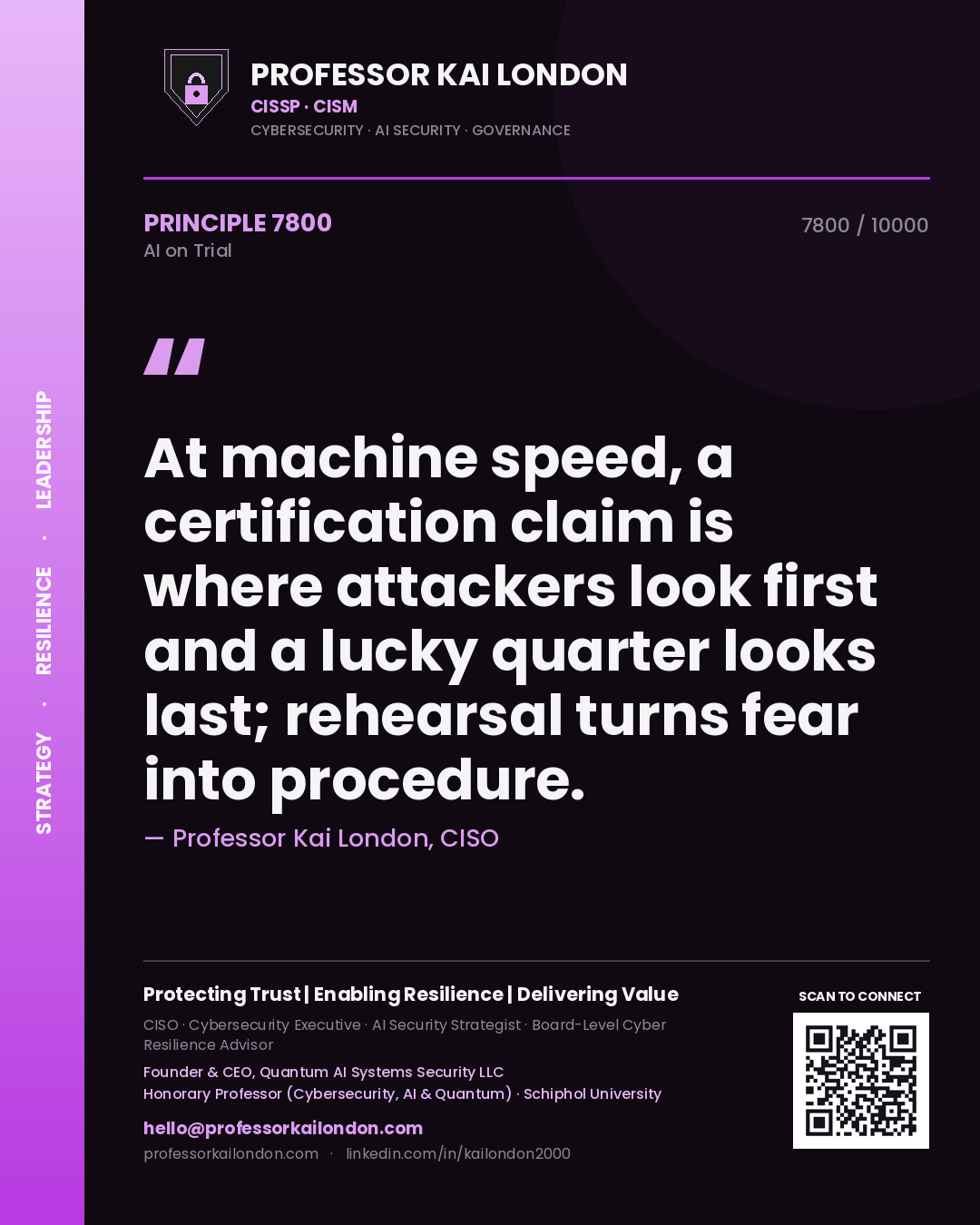 Professor Kai London principle 7800: At machine speed, a certification claim is where attackers look first and a lucky quarter looks last; rehearsal turns fear into procedure.