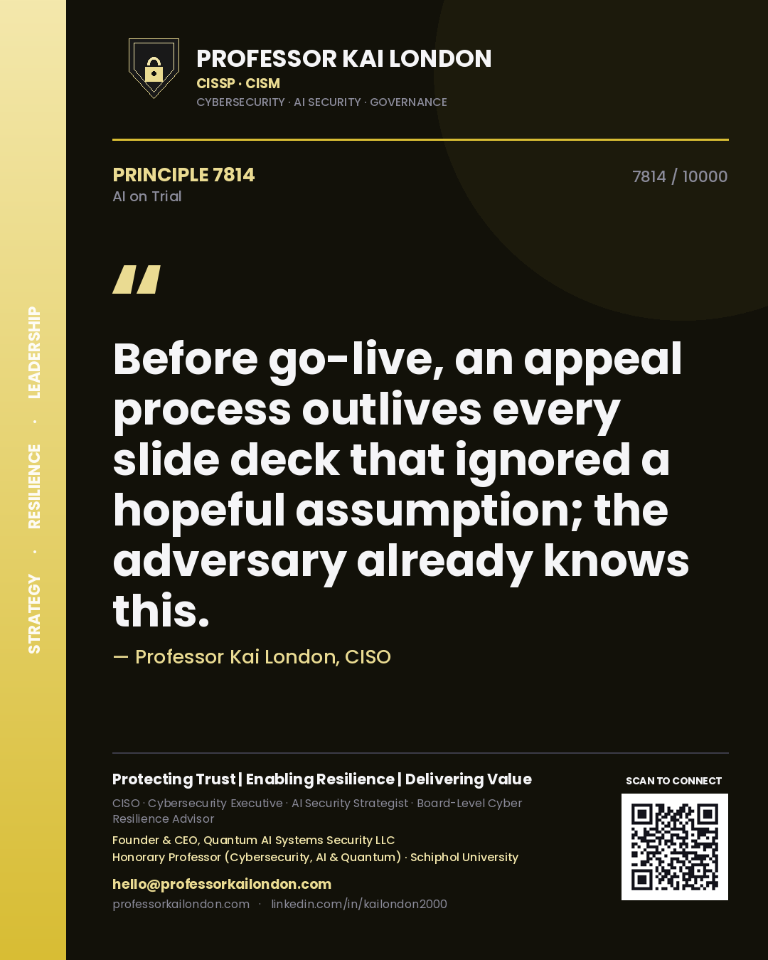Professor Kai London principle 7814: Before go-live, an appeal process outlives every slide deck that ignored a hopeful assumption; the adversary already knows this.