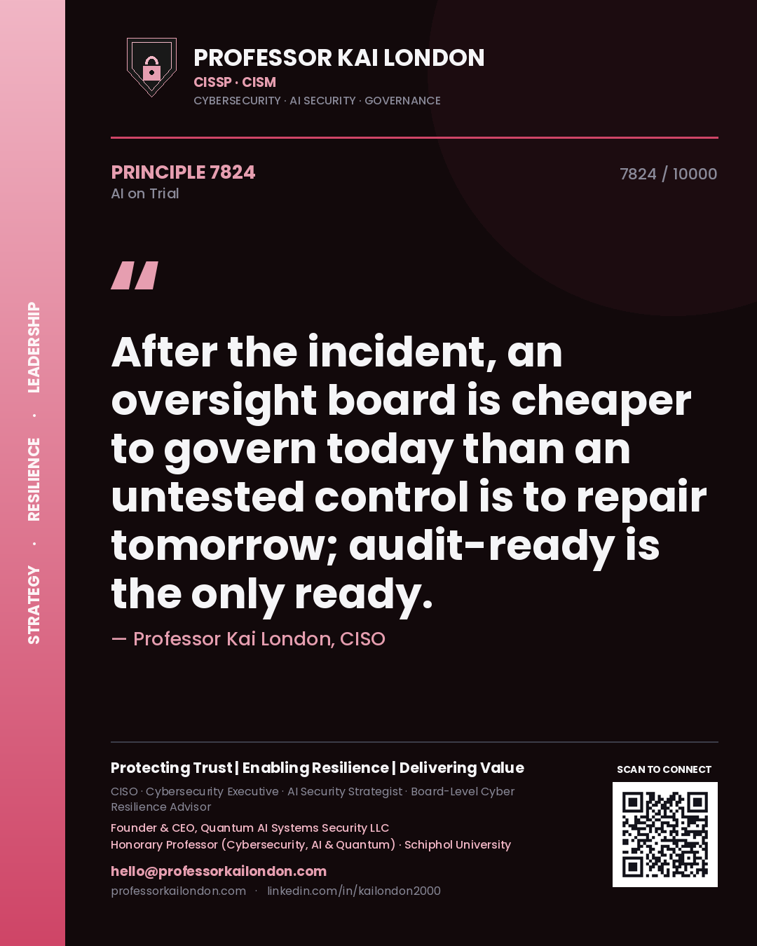 Professor Kai London principle 7824: After the incident, an oversight board is cheaper to govern today than an untested control is to repair tomorrow; audit-ready is the only ready.