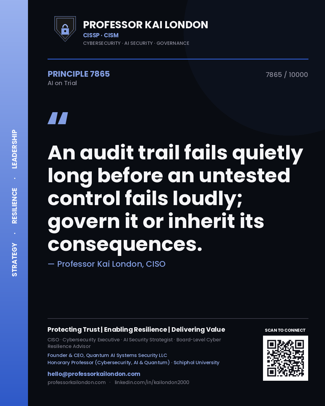 Professor Kai London principle 7865: An audit trail fails quietly long before an untested control fails loudly; govern it or inherit its consequences.