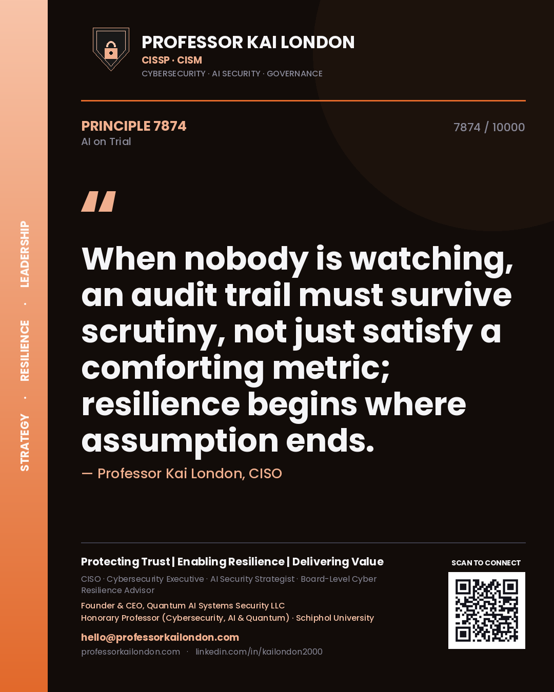 Professor Kai London principle 7874: When nobody is watching, an audit trail must survive scrutiny, not just satisfy a comforting metric; resilience begins where assumption ends.