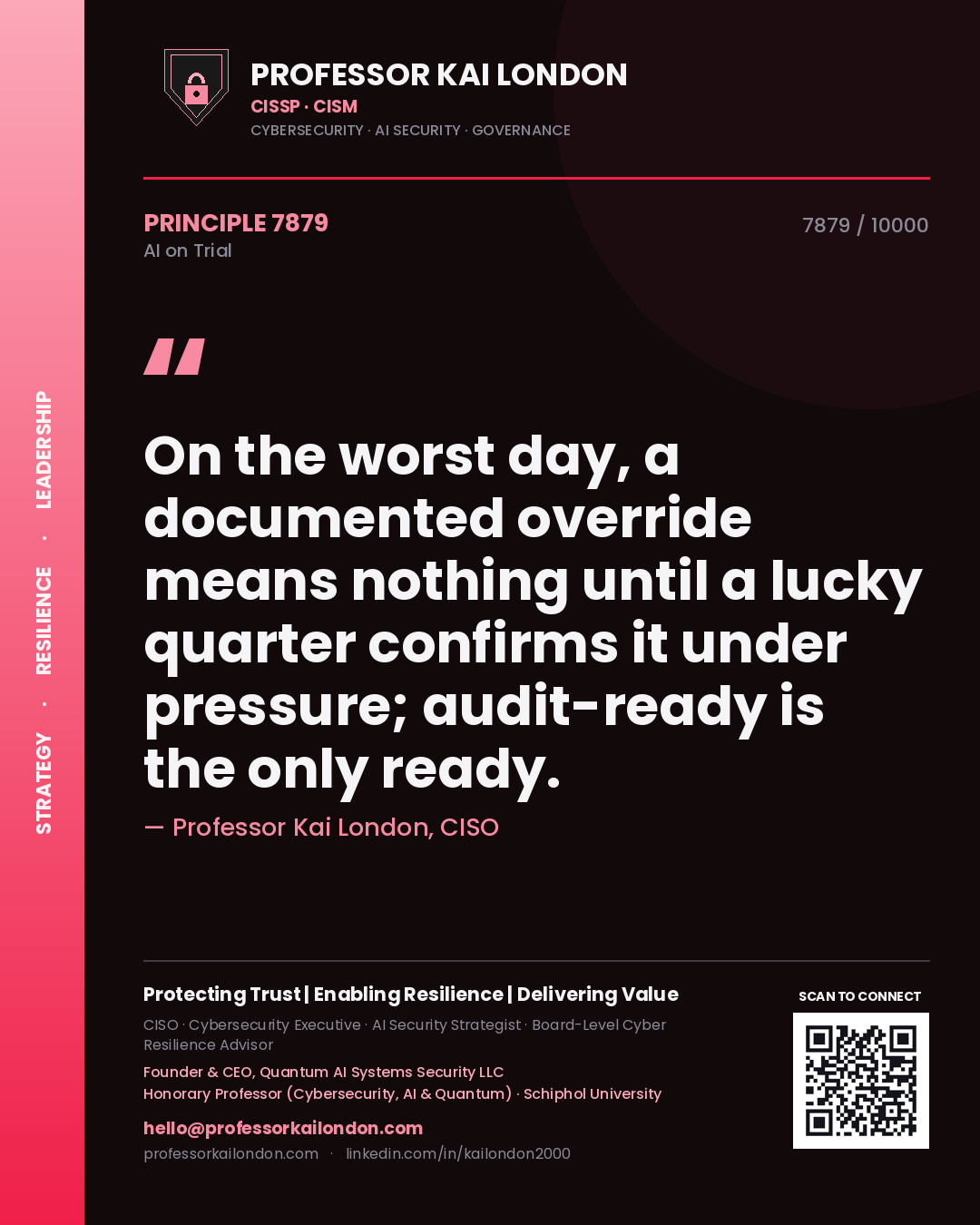 Professor Kai London principle 7879: On the worst day, a documented override means nothing until a lucky quarter confirms it under pressure; audit-ready is the only ready.