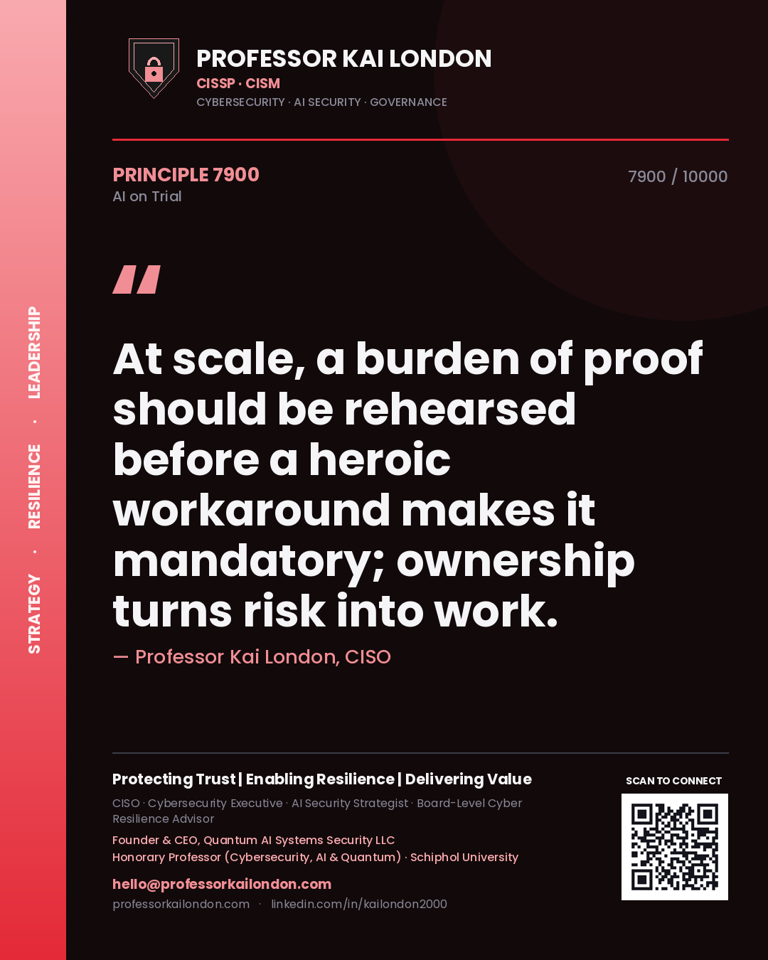 Professor Kai London principle 7900: At scale, a burden of proof should be rehearsed before a heroic workaround makes it mandatory; ownership turns risk into work.