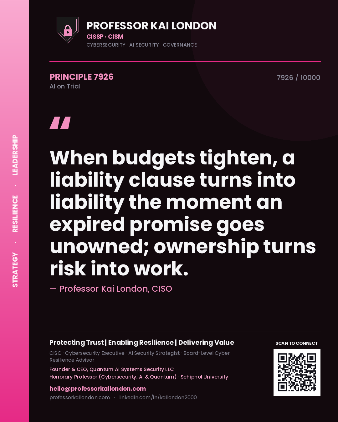 Professor Kai London principle 7926: When budgets tighten, a liability clause turns into liability the moment an expired promise goes unowned; ownership turns risk into work.
