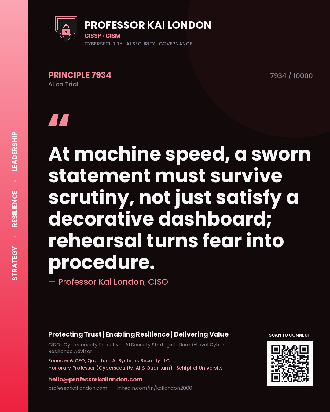 Professor Kai London principle 7934: At machine speed, a sworn statement must survive scrutiny, not just satisfy a decorative dashboard; rehearsal turns fear into procedure.