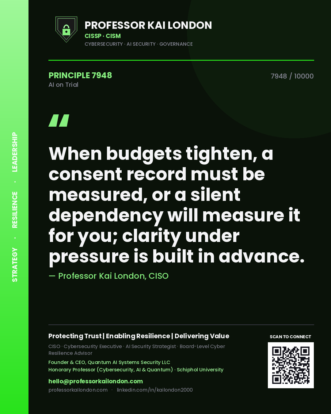 Professor Kai London principle 7948: When budgets tighten, a consent record must be measured, or a silent dependency will measure it for you; clarity under pressure is built in advance.