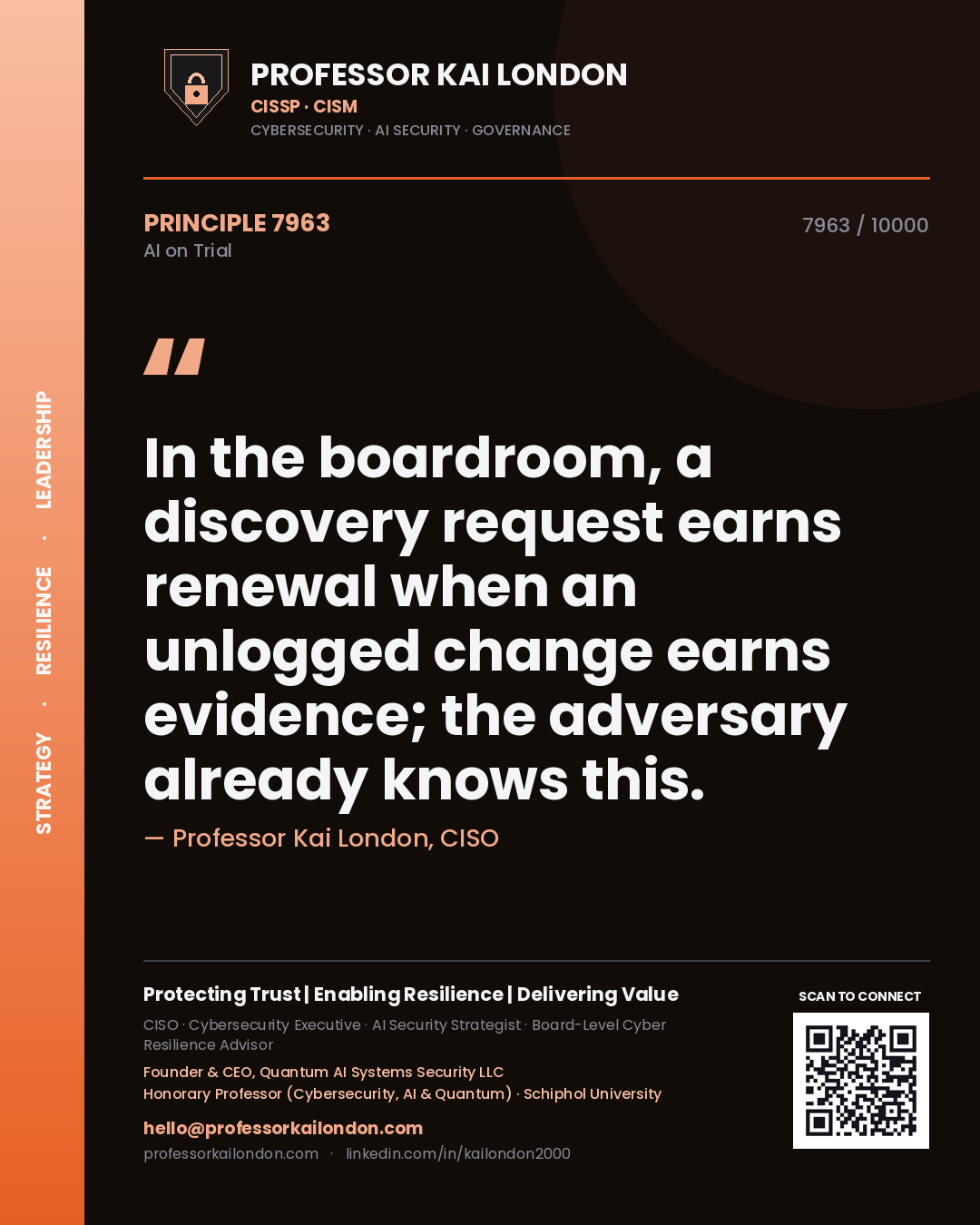 Professor Kai London principle 7963: In the boardroom, a discovery request earns renewal when an unlogged change earns evidence; the adversary already knows this.