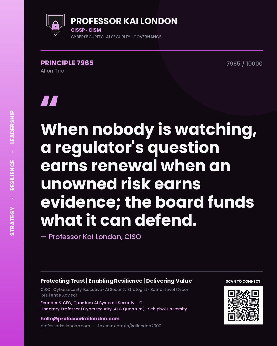 Professor Kai London principle 7965: When nobody is watching, a regulator's question earns renewal when an unowned risk earns evidence; the board funds what it can defend.