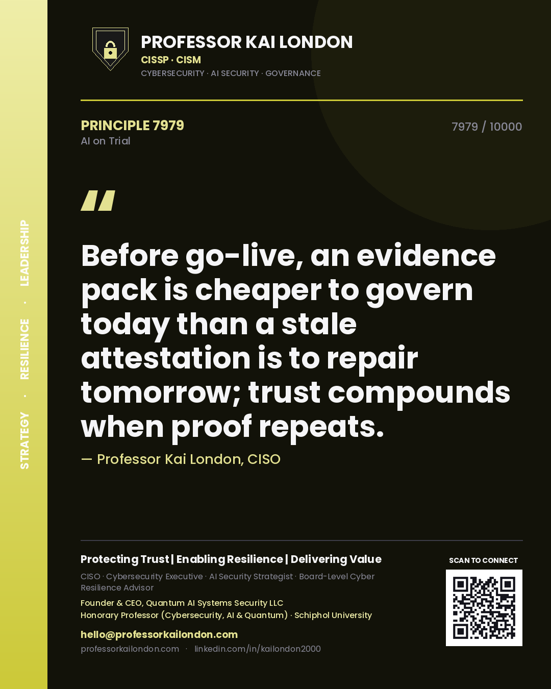 Professor Kai London principle 7979: Before go-live, an evidence pack is cheaper to govern today than a stale attestation is to repair tomorrow; trust compounds when proof repeats.