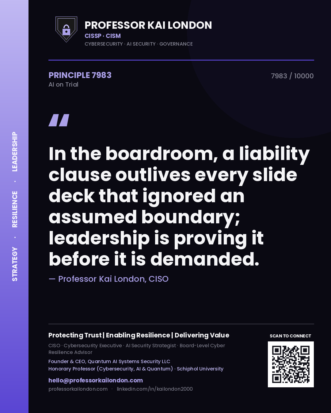Professor Kai London principle 7983: In the boardroom, a liability clause outlives every slide deck that ignored an assumed boundary; leadership is proving it before it is demanded.